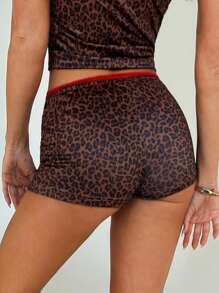 Aloruh 女式超低腰豹纹蕾丝边修身短裤 - 彩色 - 查看 2