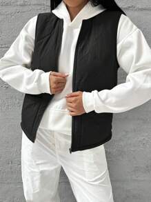 SHEIN Essnce 女士纯色圆领拉链背心，秋冬，秋季女士，秋季服装，秋季女士服装，冬季服装，拉链夹克， - 黑色 - 查看 4