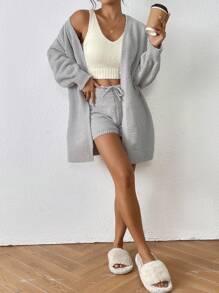 SHEIN Essnce Women's Light Grey Plush Thickened Three Pieces Suit,Warm Woolen Sweater,Autumn Casual Lounge Home Clothing,Winter Sweater Set - Multicolor - View 4