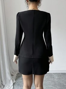 Elenzga 1 chiếc áo khoác blazer màu tương phản cài đơn mùa thu dành cho nữ - Nhiều màu - Xem 2