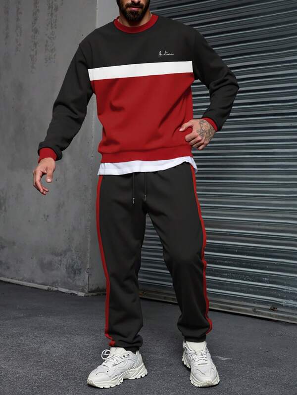 Manfinity LEGND Plus Size Men's Autumn Letter Color Block Crew Neck Long Sleeve Sweatshirt And Drawstring Waistband Sweatpants Casual Set