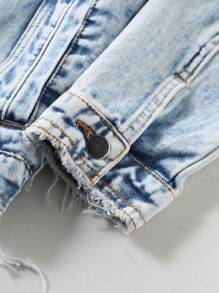 Manfinity Homme 男士秋季落肩长袖破洞宽松休闲牛仔夹克 - 中等水洗藍 - 查看 3