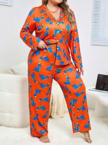 Conjunto de pijama de manga larga con cuello abierto y estampado de dinosaurio, talla grande