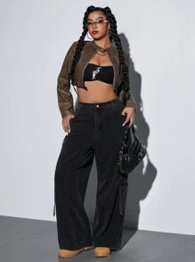 SHEIN ICON Plus Size Front Button Multiple Pockets Casual Denim Jeans, Everyday Wear - Black - View 3