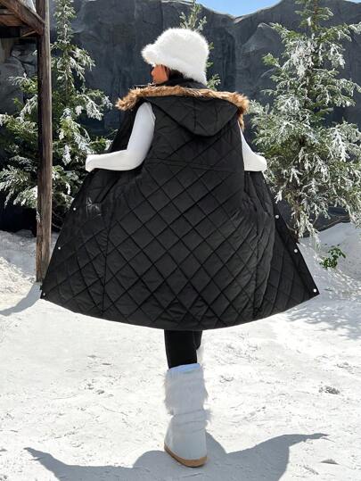 SHEIN EZwear Plus Size Winter Casual Quilted Drawstring Waist Hooded Padded Vest