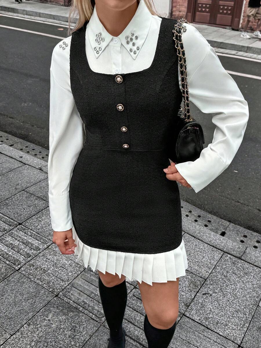 SHEIN Unity Vestido corto plisado con patchwork de tweed para mujer - Blanco y Negro - Ver 1