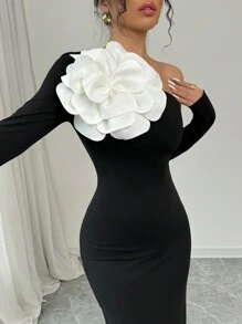 Selianne 1 件女士优雅不对称领口花卉装饰修身连衣裙，秋季长款女装秋季服装 - 黑色 - 查看 1