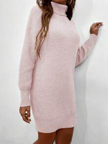 SHEIN LUNE Váy len dệt kim đơn giản cổ cao màu trơn cho nữ, mặc thường ngày - Màu Hồng baby - Xem 6