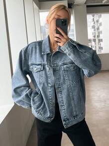 DAZY 女士休闲宽松单排扣牛仔夹克，适合秋季，返校服装 - 藍色 - 查看 4