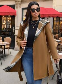 SHEIN LUNE Plus Size Hooded Patchwork Drawstring Casual Woolen Overcoat Fall Cloth For Women - Multicolor - View 8
