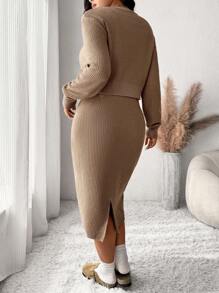 SHEIN Frenchy Plus Size Women's Solid Color Knitted Camisole Dress And Short Cardigan Set, For Autumn/Winter Fall/Winter - Mocha Brown - View 2