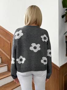 SHEIN LUNE Women Casual Floral Jacquard Knitted Sweater, Autumn/Winter - Grey - View 2