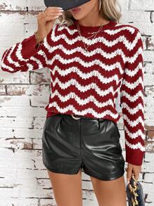 SHEIN Clasi 女式不对称黑白条纹修身基本款套头衫 - 紅白色 - 查看 6