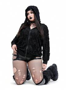 Whyspr Goth Punk Plus Size Women Gothic Punk Style Zip-Up Hooded Long Sleeve Sweatshirt Fall - Black - View 1