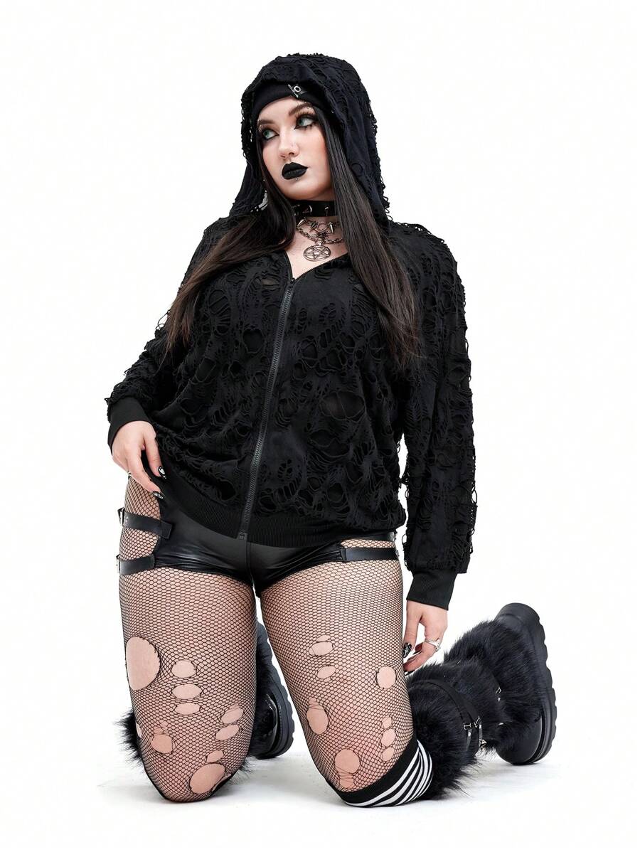 Whyspr Goth Punk Plus Size Women Gothic Punk Style Zip-Up Hooded Long Sleeve Sweatshirt Fall - Black - View 1