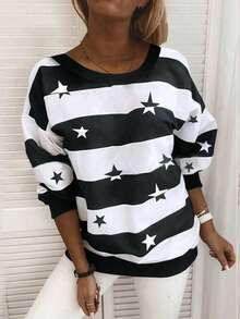 星星印花落肩袖運動衫 - 黑與白 - 查看 3