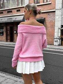 Chiquease 女士休闲纯色翻领露肩针织毛衣，秋季针织套头衫 - 珊瑚粉 - 查看 2