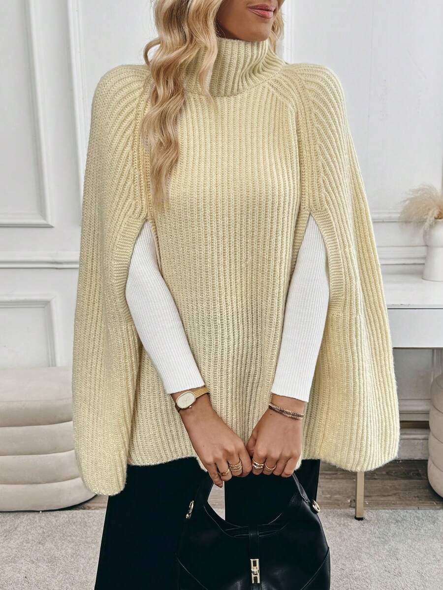 SHEIN Unity 1 Stück Pullover mit Rollkragen, Strickpullover mit Seitenschlitzen und Cape, Strickpullover für Herbst und Winter - Beige - Übersicht 1
