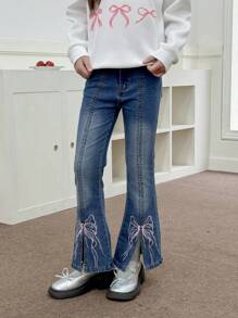 Tween Girls Bow Embroidered Side Split Flared Jeans, Retro Flare Jeans For Tween Girls - Medium Wash - View 4