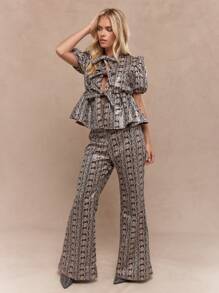 MISSGUIDED Snake Print Faux Leather Knot Detail Front Balloon Sleeves Peplum Top And Wide Leg Pants Two Piece Co-Ord Set