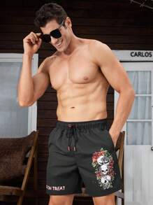 Surfspeed Men's Letter & Skull Print Drawstring Waist Loose Fit Casual Beach Shorts - Black - View 1
