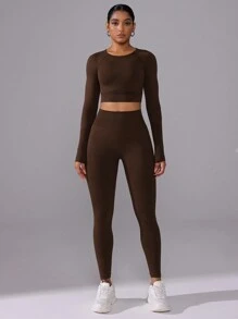 Easithlete 女士纯色长袖长裤运动套装，无缝健身女士套装女士紧身裤套装