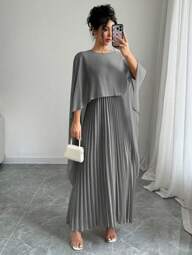 Rafferiza Elegant Charming Pleated Dress With Shawl Collar Maxi Women Outfit