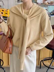 DAZY 2pcs Set Women Solid Crew Neck Pullover Sweater & Poncho Top,Fall Clothes - Ginger - View 6