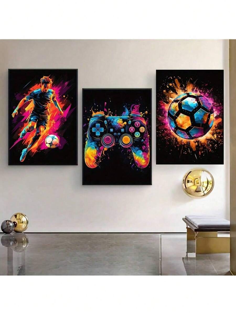 3 Pcs Abstract Football Sportsman Poster Decorative Game Controller Color Splash Ink Canvas Painting Kids Bedroom Living Room Decor - Multicolor - View 1