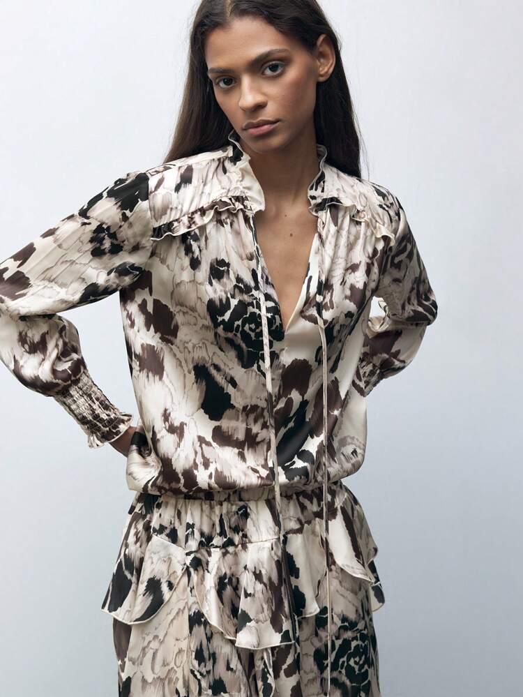 SHEIN Maija Women's Brown Floral Print Patchwork Frill Trim Satin Crepe Long Sleeve Elegant Casual Resort Blouse, Early Spring