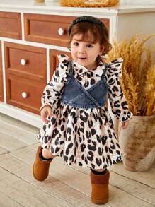 SHEIN 2 件套女婴高街时尚剪裁牛仔背带裤 + 泡泡袖豹纹衬衫裙，秋冬款 - 彩色 - 查看 6