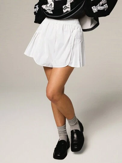 Athîral 1pc Women Solid Color Elastic Waist With Pockets Casual Shorts