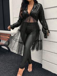 SHEIN Privé 大码优雅通勤/办公室精致高端场所精致下午茶迷人约会音乐表演派对亮片长袖前翻领中间系带拼接多层蓬松网眼中长飘逸 INS 夹克 - 黑色 - 查看 3