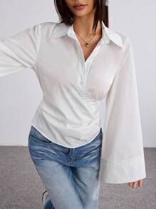 SHEIN EZwear Casual Solid Color Woven Turndown Collar Long Sleeve Fitted Women Shirt - White - View 3