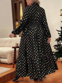 SHEIN VCAY Abito a maniche lunghe elegante da donna taglie forti con stampa in oro a fogli, colletto alla cinese, adatto per vacanze, feste, casual - nero - Visualizzare 2