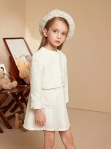 PrepCrw Young Girls' Solid Color Round Neck Button Up Elegant Long Sleeve Coat - White - View 5