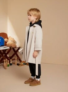 PrepCrw 年轻男孩学院风双排扣卡其色领风衣，长袖长款风衣，适合返校季、秋冬季 - 卡其色 - 查看 9