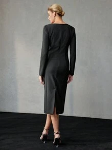 MOTF PREMIUM TWO TONE SQUARE NECK SLIM FIT MIDI DRESS WITHOUT BELT - Black and White - View 8