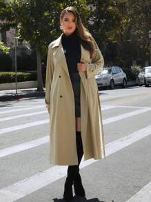 SHEIN Privé Plus Size Elegant Casual Collegiate Style Solid Color Trench Coat With Pockets, Mid-Length - Khaki - View 7