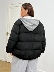 SHEIN EZwear Plus Size Women Casual Letter Decor Zipper Front Draw String Contrast Color Hooded Padded Coat, Winter