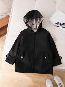 SHEIN 1 pieza Abrigo impermeable a cuadros de manga larga, capucha y diseño casual y lindo para niños, apropiado para la escuela, viajes, otoño/invierno