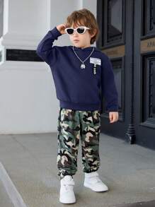 Bộ 2 chiếc/bộ cho bé trai thường ngày dễ thương thoải mái màu đen trắng trang trí rộng rãi dệt kim màu trơn xanh lá cây hoodie & quần in họa tiết rằn ri, thích hợp cho đi chơi, đi học và tụ tập hàng ngày, mùa thu/đông - Màu xanh lam - Xem 6