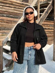 SHEIN EZwear Plus Size Casual Drawstring Waist Soft Air Layer Jacket For Autumn And Winter - Black - View 7