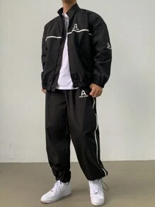 DAZY Men's Letter Print Stripe Stitching Jacket Set, Autumn - Black - View 1