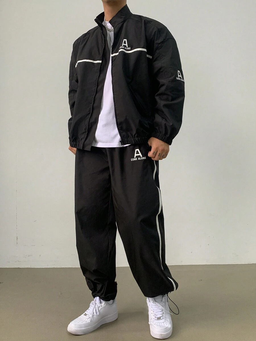 DAZY Men's Letter Print Stripe Stitching Jacket Set, Autumn - Black - View 1