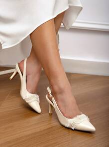 CUCCOO HITCHD 女士优雅奶油色珍珠编织流苏尖头高跟新娘鞋 - 米色 - 查看 1