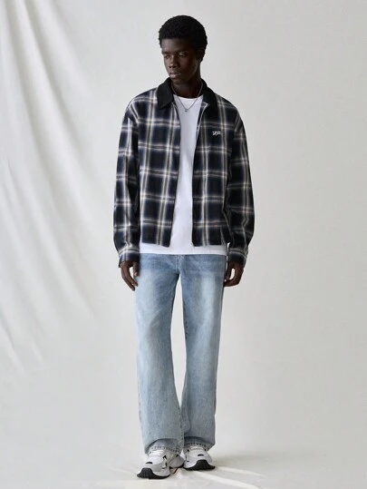 Manfinity VCAY 男士时尚休闲宽松格子拼布前拉链衬衫