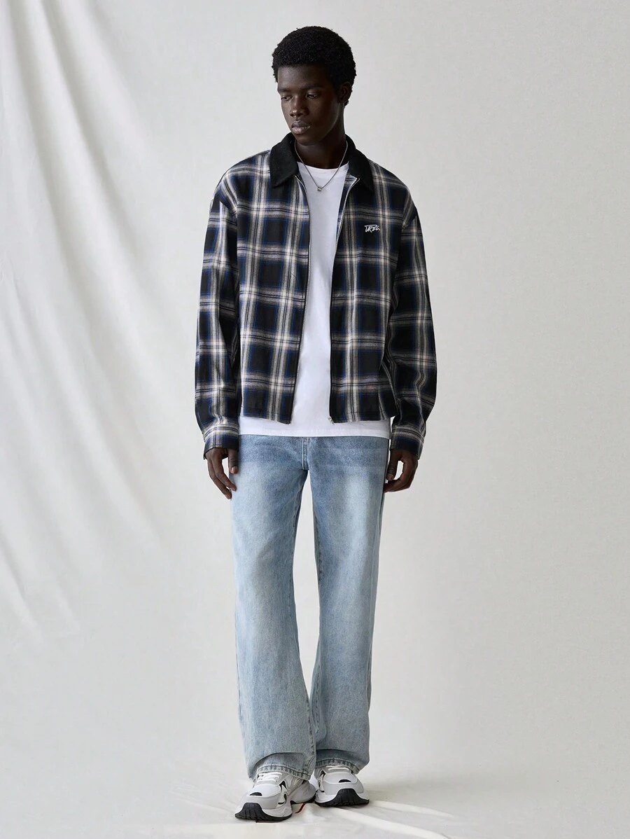 Manfinity VCAY 男士时尚休闲宽松格子拼布前拉链衬衫