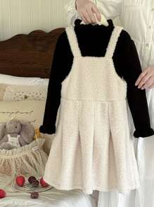 2pcs/Set Young Girl' Cute Black Blouse & White Pleated Skirt, Casual Outfit