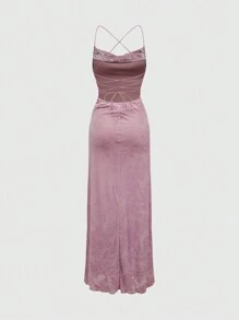 ROMWE Fairycore Vintage Style Flocked Mesh Form-Fitting Deep Draped Neck Backless Mermaid Dress For Women, For New Year